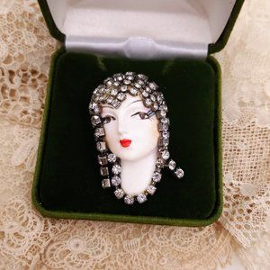 Vintage Flapper Girl Rhinestone pin, Retro Art Deco Lady Face brooch